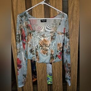 Jolie & Joy Sz XL Floral Mesh Long Sleeve Corset Top